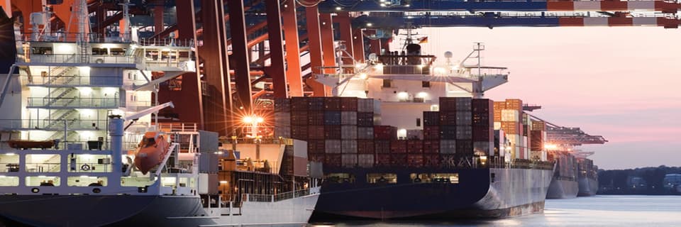 Container ships berthed at dusk beneath gantry cranes at the Port of Long Beach